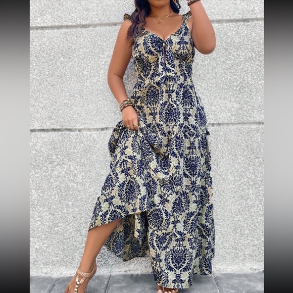 Boho Floral Paisley Print CUTOUT Front Tie Ruffle Print Tank Top Maxi Dress - Picture 1 of 6